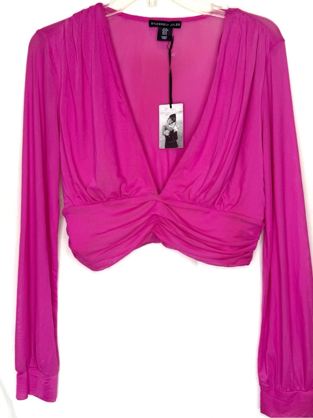 NEW WITH TAGS-Sincerely Jules Pink Sheer Mesh Long Sleeve Crop Top Deep V-Neck M